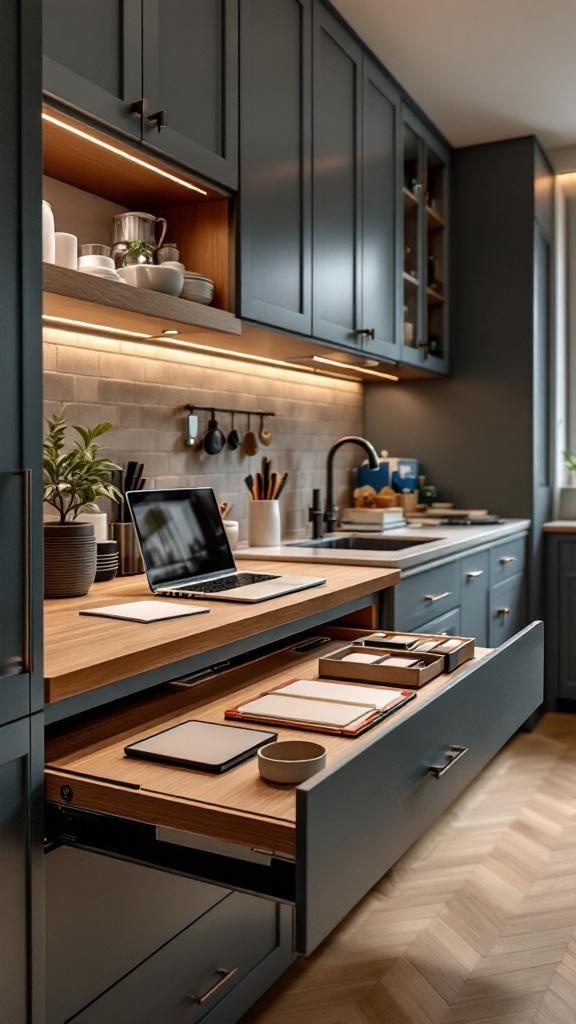 A modern kitchen featuring a hidden pull-out desk drawer with a laptop and stationery.