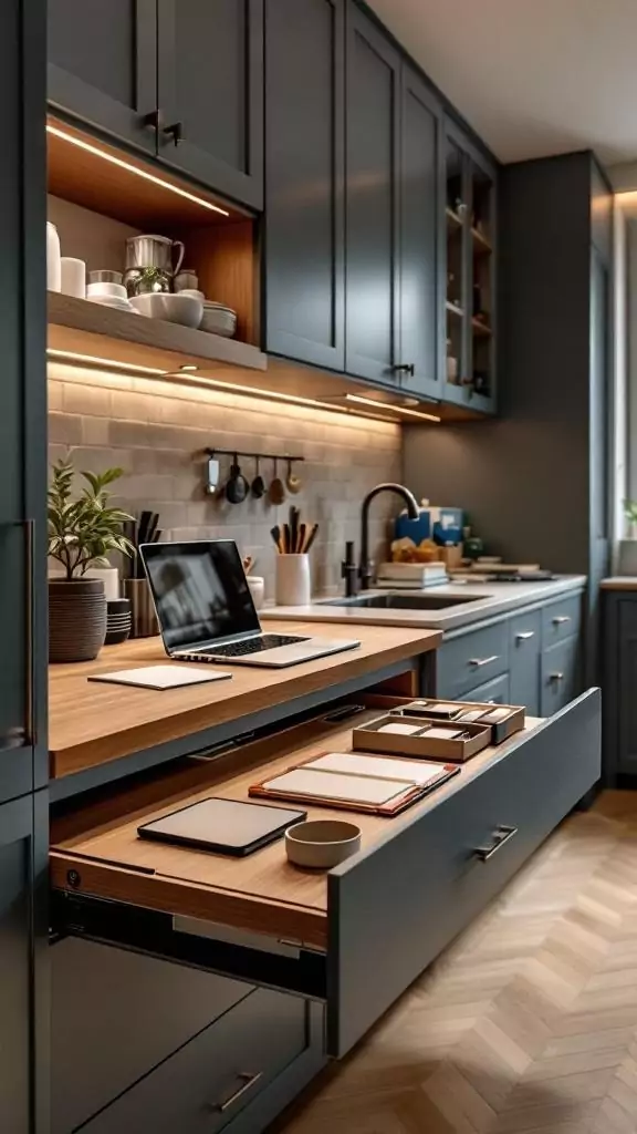 A modern kitchen featuring a hidden pull-out desk drawer with a laptop and stationery.