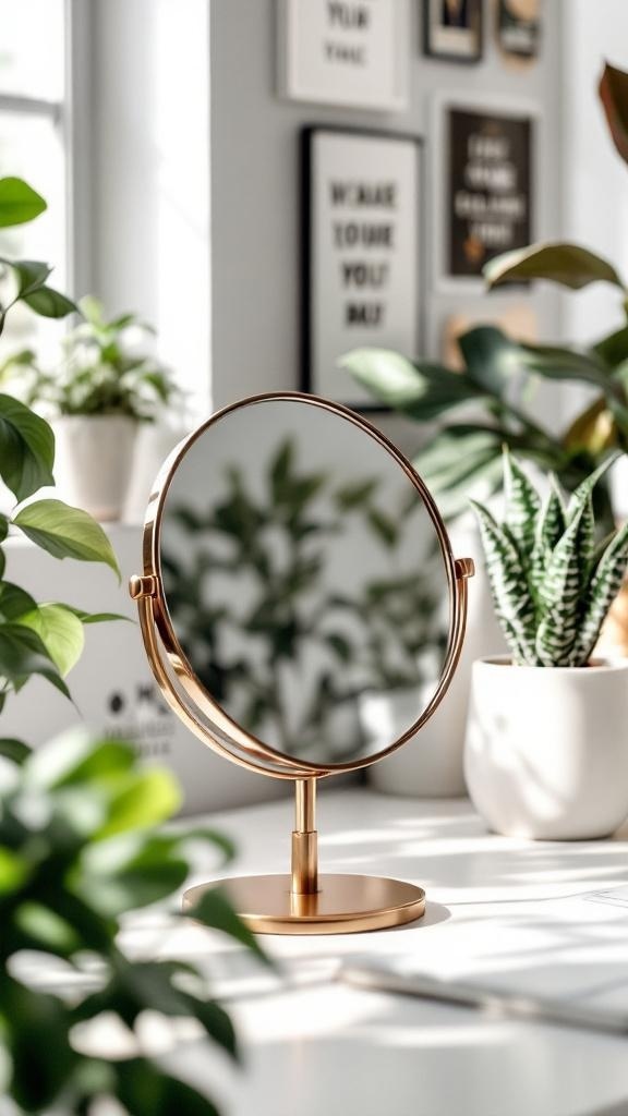 A small gold desk mirror surrounded by green plants in a bright office setting.