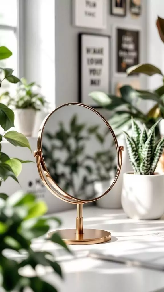 A small gold desk mirror surrounded by green plants in a bright office setting.