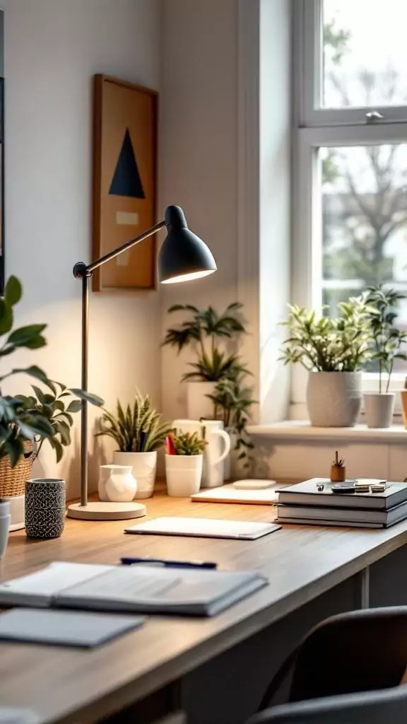 A well-decorated office space with a light therapy lamp and plants.