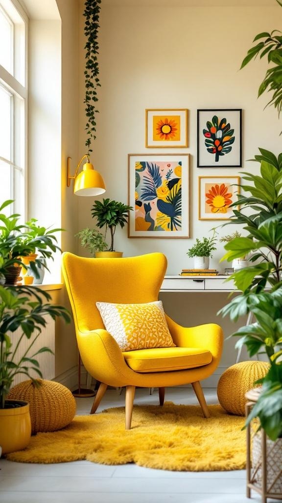 A bright yellow chair and decor in a modern office space.