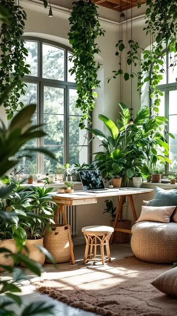 A serene indoor garden office filled with lush plants and a cozy workspace.