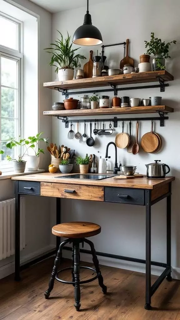 Industrial-style kitchen desk with wooden top and metal legs, surrounded by plants and kitchen utensils.