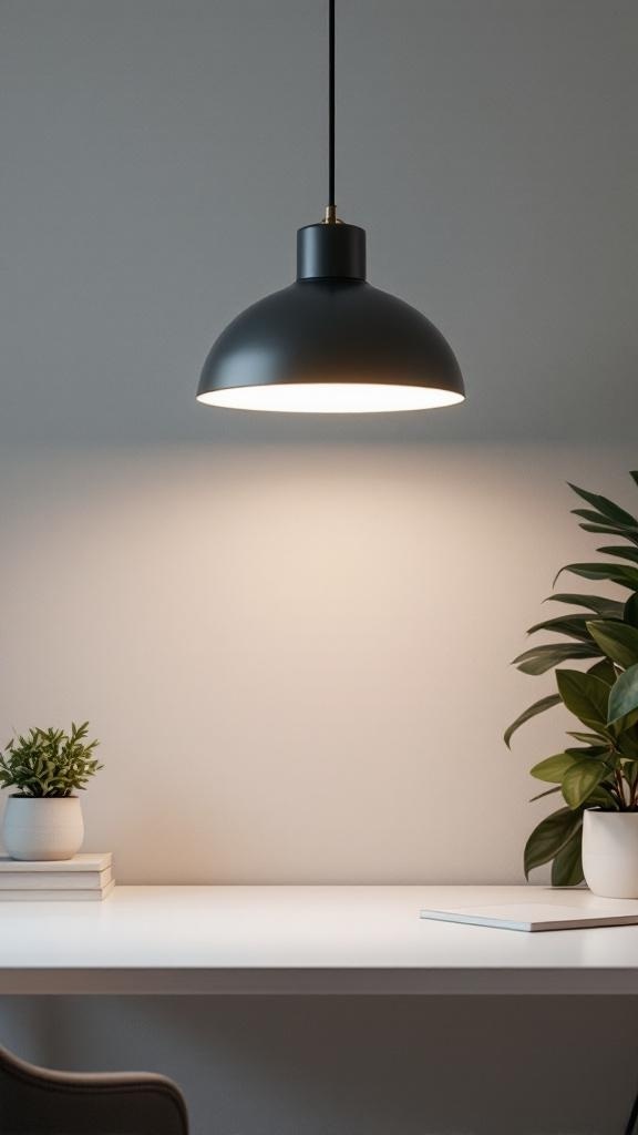 A minimalist pendant light hanging above a clean desk with plants.