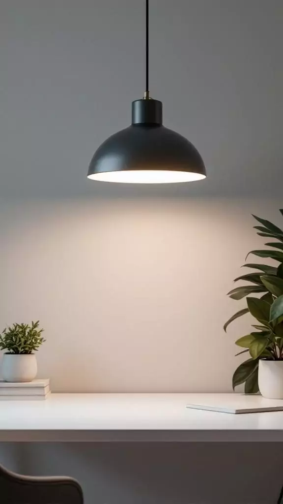 A minimalist pendant light hanging above a clean desk with plants.