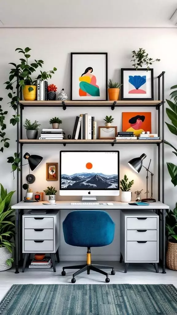 A stylish office with industrial-style open shelving, featuring plants, books, and decorative items.