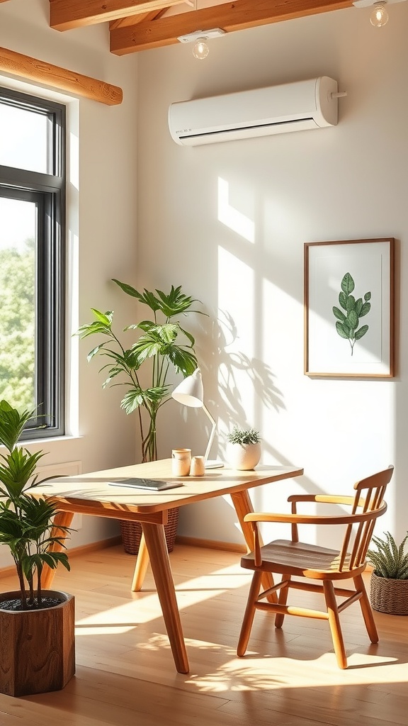 A bright and minimalist Japandi-style workspace with plants and wooden furniture.