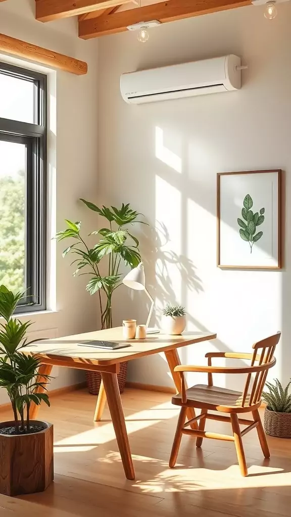 A bright and minimalist Japandi-style workspace with plants and wooden furniture.