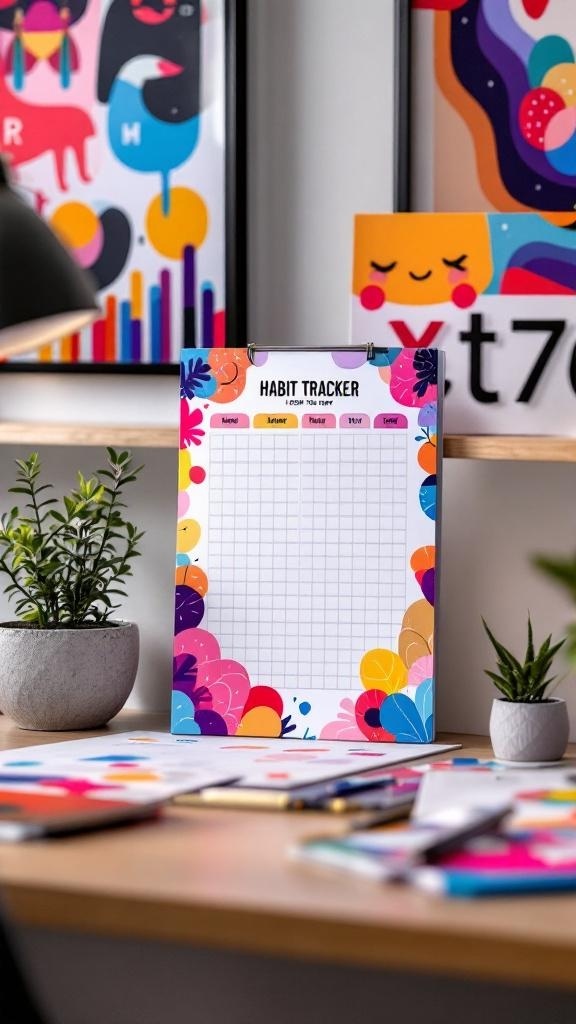 Colorful habit tracker pad on a desk with plants and framed art.