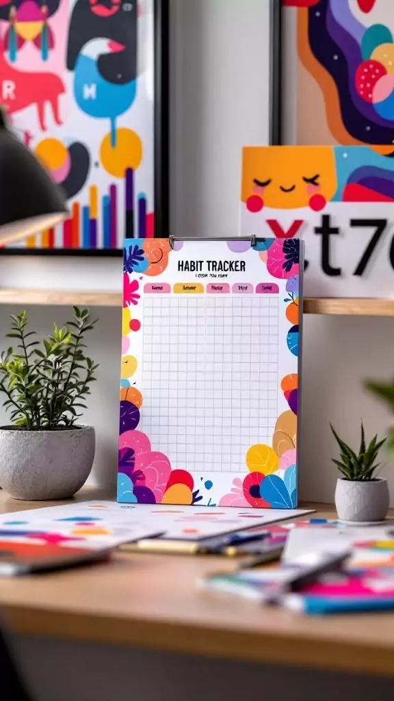 Colorful habit tracker pad on a desk with plants and framed art.