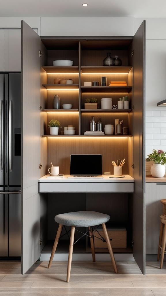 A hidden kitchen desk inside a pantry cabinet with shelves and a laptop.