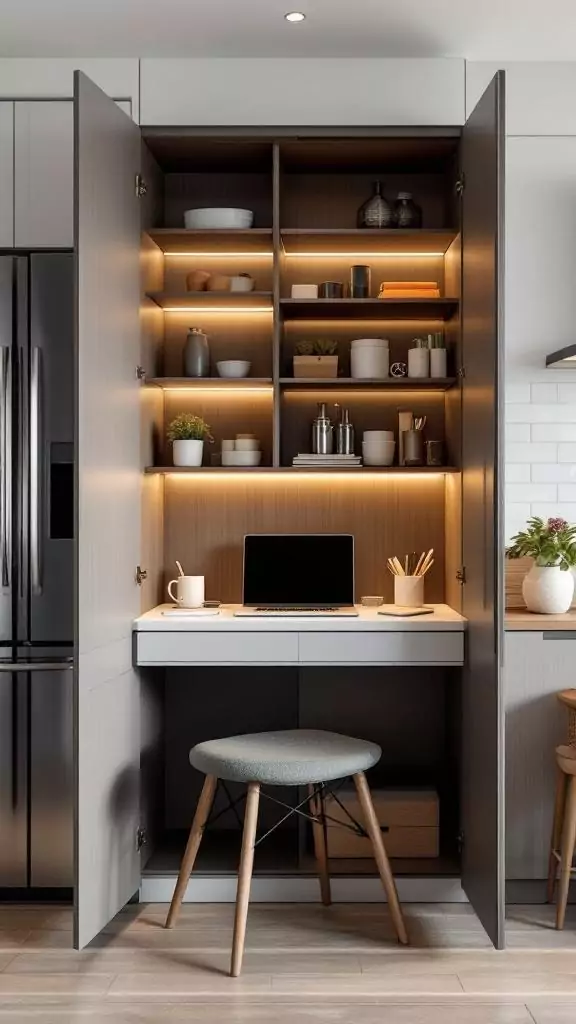 A hidden kitchen desk inside a pantry cabinet with shelves and a laptop.