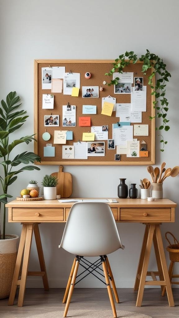 A kitchen desk area featuring a bulletin board wall with notes and photos.