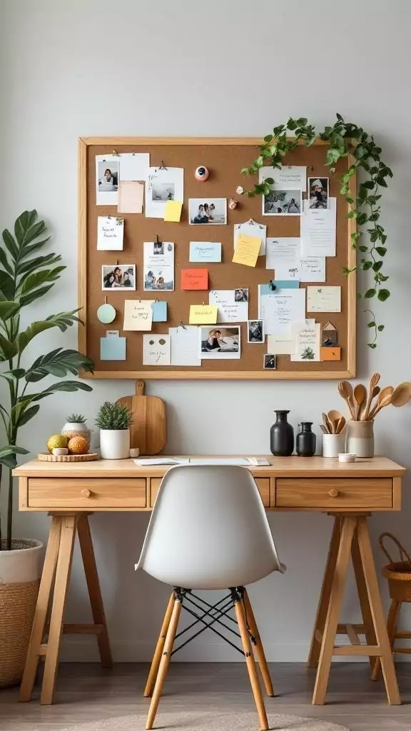 A kitchen desk area featuring a bulletin board wall with notes and photos.