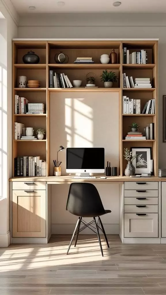 Kitchen desk with open bookcase divider, featuring a computer and decorative items.