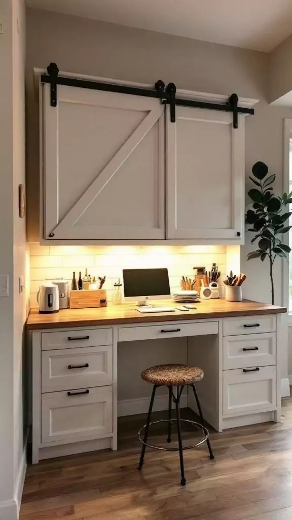 A kitchen desk with a sliding barn door cover, featuring shelves and a computer.