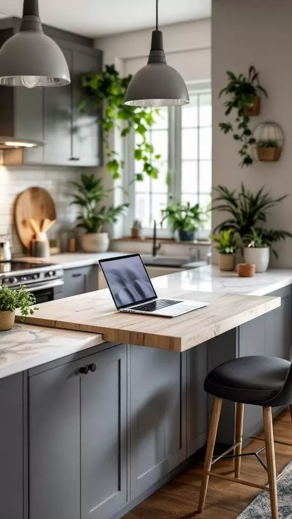 A modern kitchen with a laptop ledge and stylish decor.