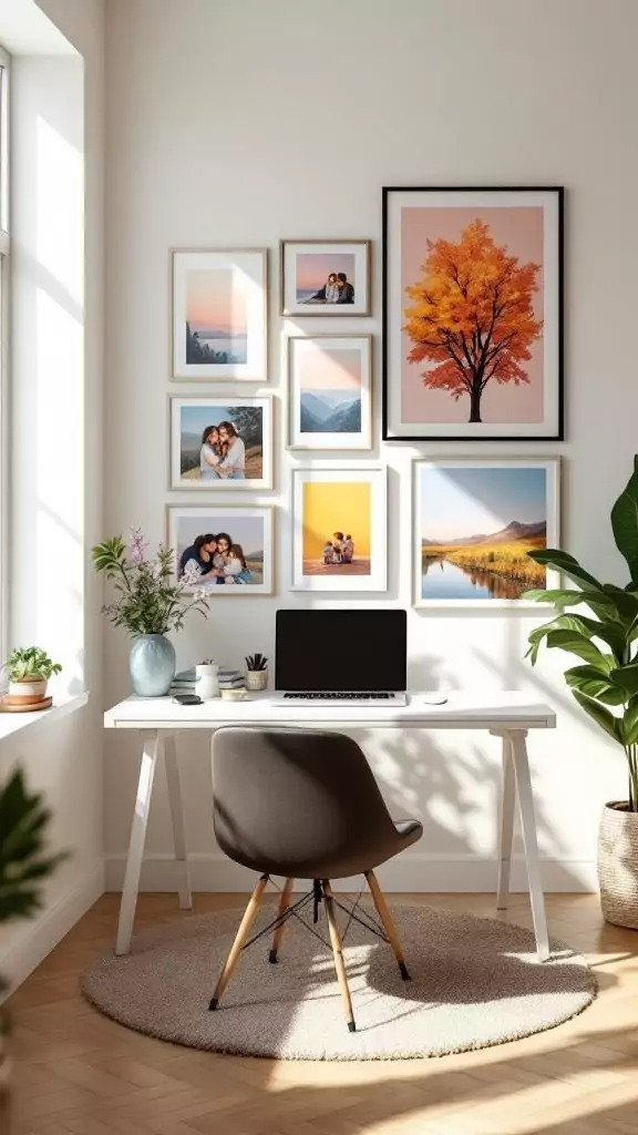 A well-decorated office space featuring framed family photos and inspirational art.