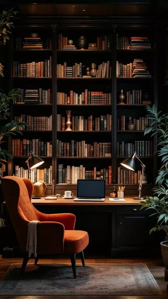 A cozy library-like office space with low lighting, featuring a comfortable chair, a desk with a laptop, and shelves filled with books.