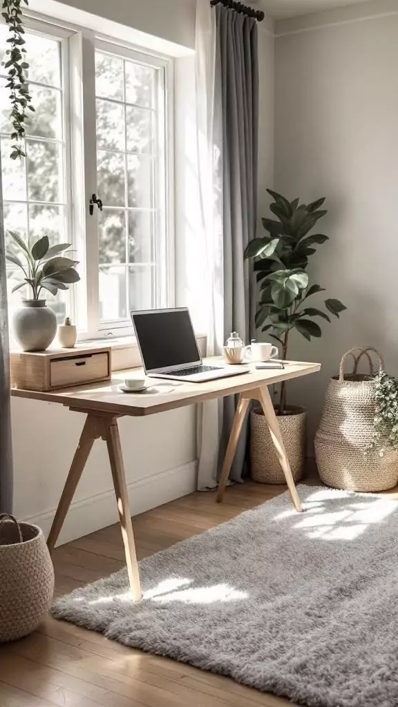 A serene office space featuring a low-profile desk, a cozy floor rug, and greenery.