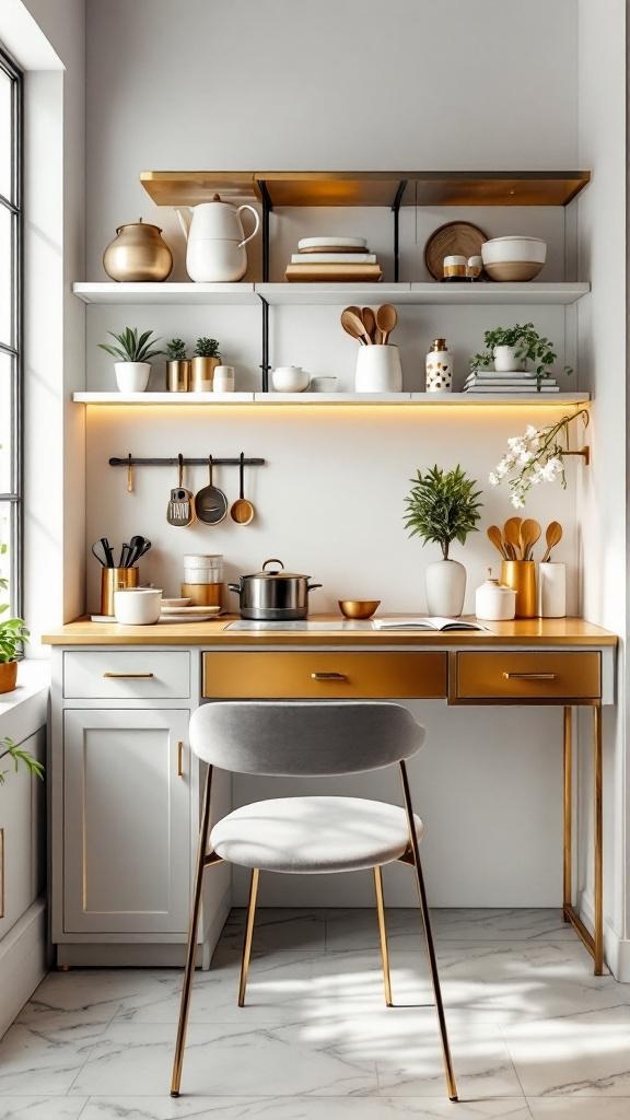 Luxury kitchen desk with gold accents and stylish decor.
