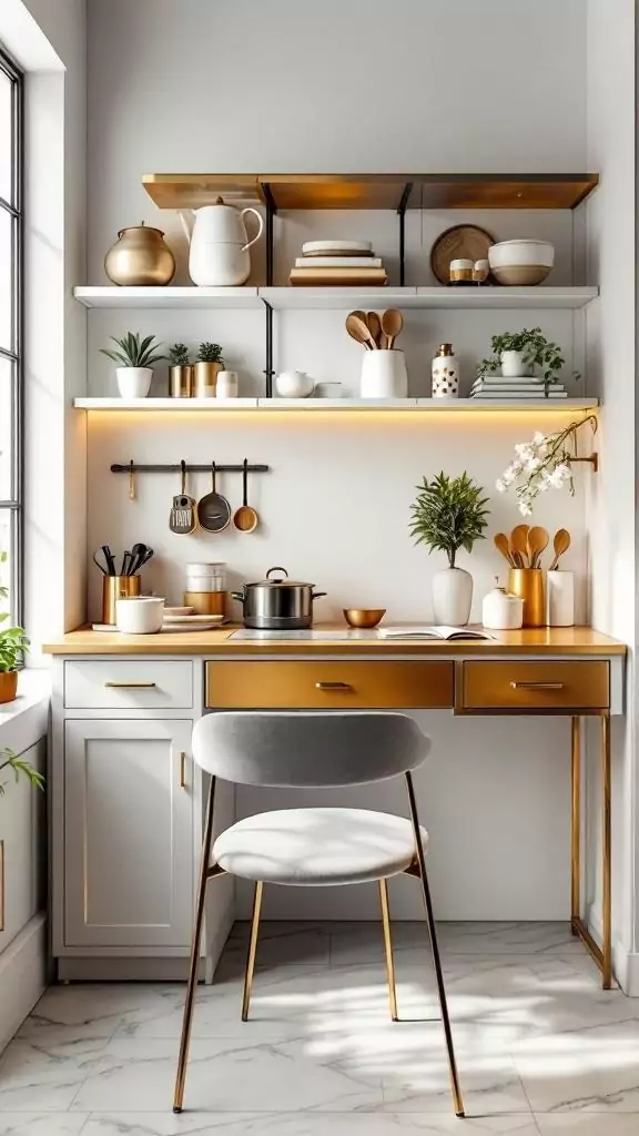 Luxury kitchen desk with gold accents and stylish decor.