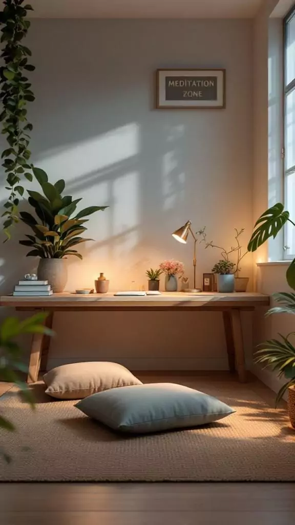 A serene meditation desk zone featuring a wooden desk, floor cushions, and plants.