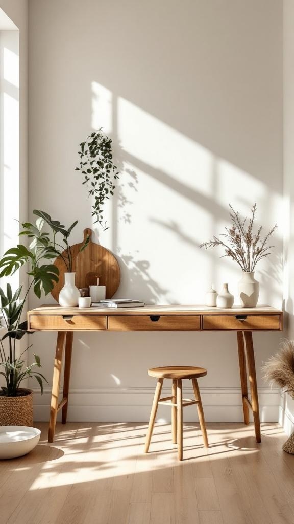 Mid-century modern kitchen desk with plants and decor.