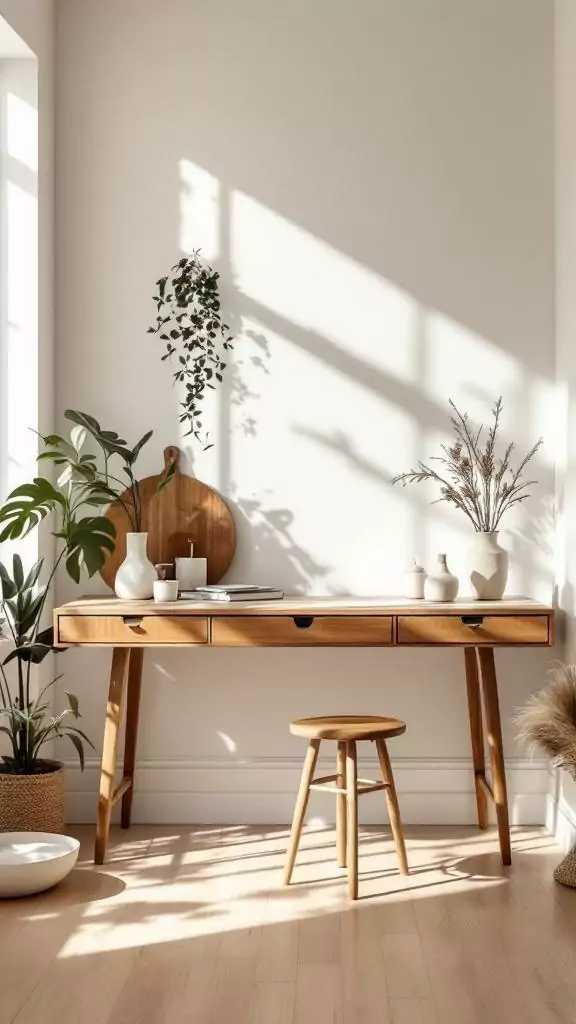 Mid-century modern kitchen desk with plants and decor.