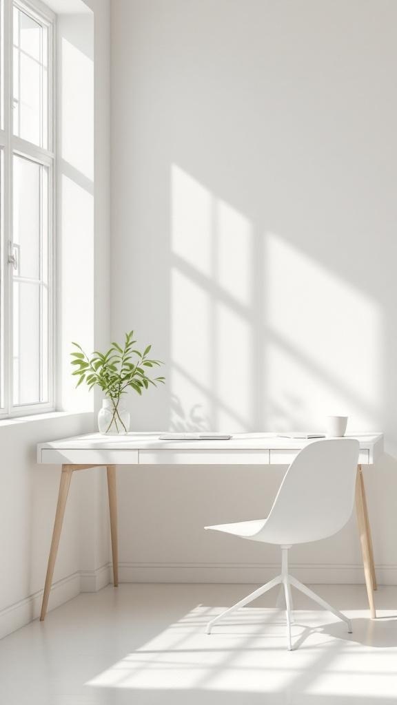 A minimalist office space featuring a white desk, a chair, and a plant by the window.