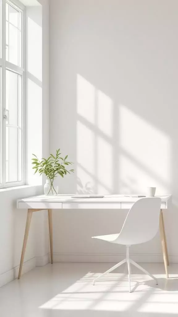 A minimalist office space featuring a white desk, a chair, and a plant by the window.