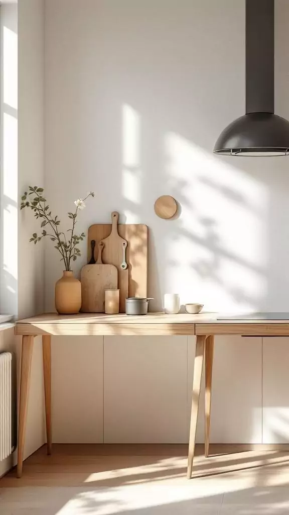A minimalist kitchen desk with wooden accents and simple decor.