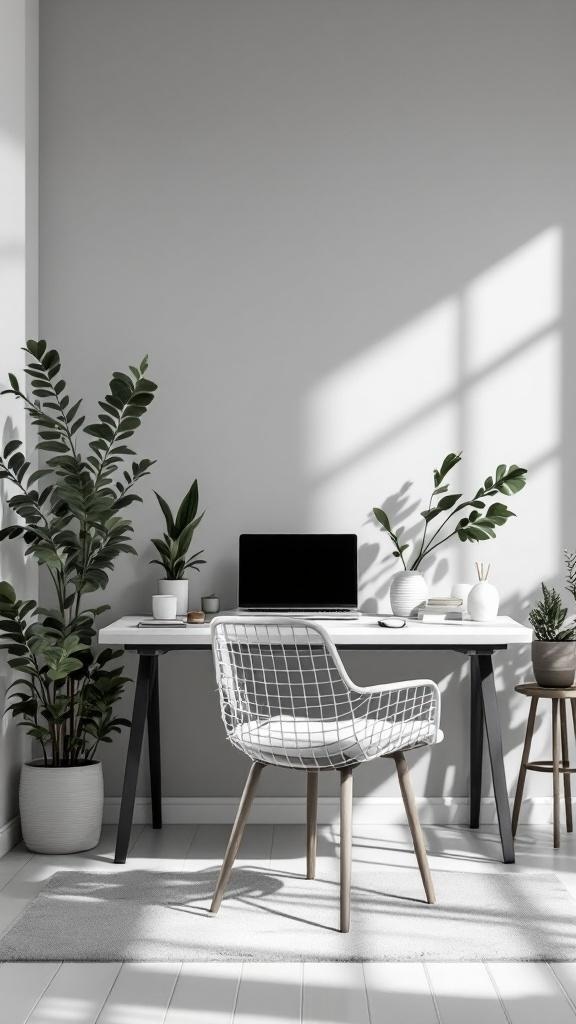 A minimalist office space featuring a gray wall, a desk with a laptop, and indoor plants.
