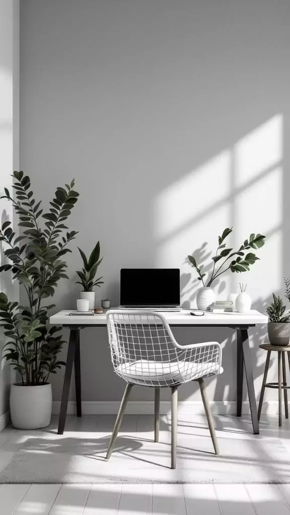 A minimalist office space featuring a gray wall, a desk with a laptop, and indoor plants.