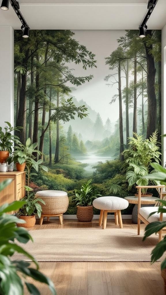 A serene office space featuring a forest mural, plants, and comfortable seating.