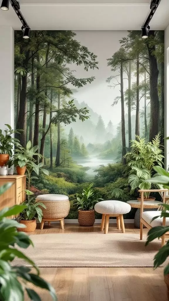 A serene office space featuring a forest mural, plants, and comfortable seating.