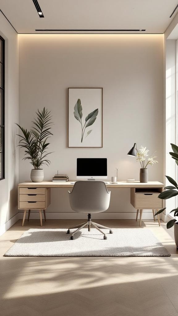 A serene neutral-toned office featuring soft lighting and plants.