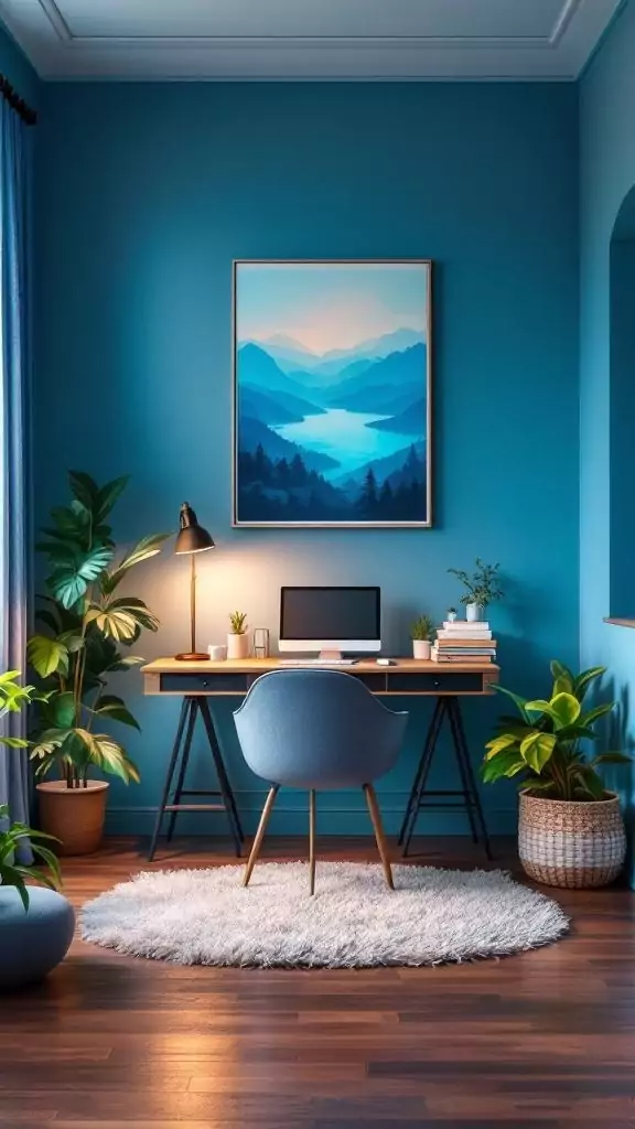 A serene office space featuring calming blue walls, a desk with a computer, and green plants.