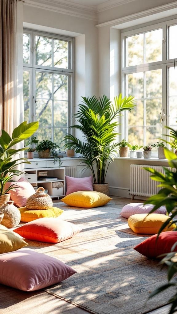 A serene office space with colorful floor pillows and plants, designed for relaxation and meditation.