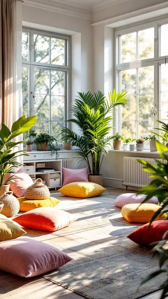 A serene office space with colorful floor pillows and plants, designed for relaxation and meditation.