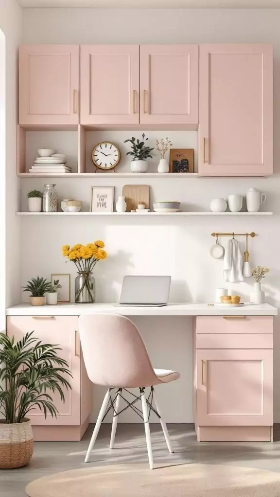 Pastel kitchen desk with soft pink cabinets and a chair.