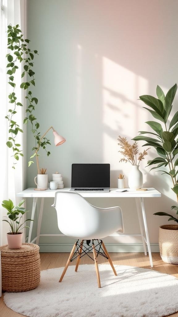 A pastel workspace featuring mint and blush accents with a desk, plants, and a cozy chair.