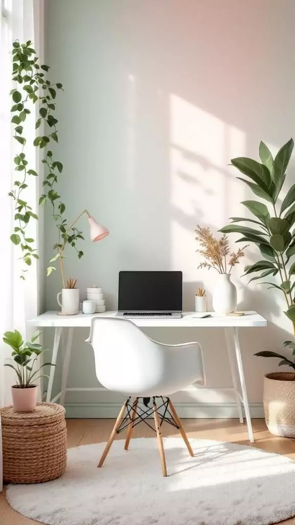 A pastel workspace featuring mint and blush accents with a desk, plants, and a cozy chair.