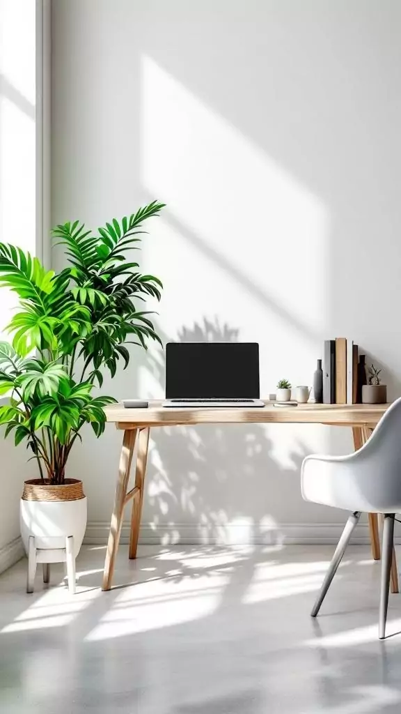 A modern office desk with a plant, laptop, and books.