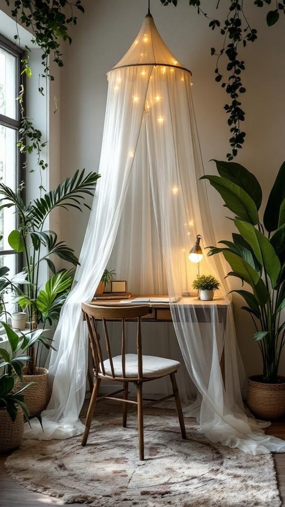 A quiet corner office with a sheer canopy, plants, and soft lighting.