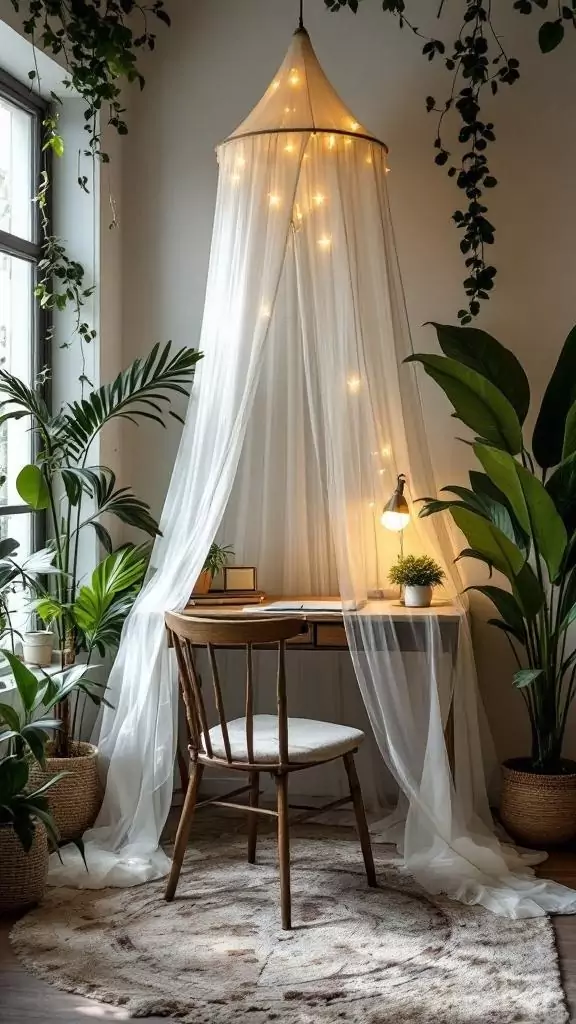 A quiet corner office with a sheer canopy, plants, and soft lighting.