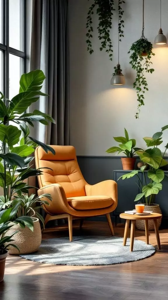 A cozy reclining chair in a calm office space surrounded by plants and soft lighting.