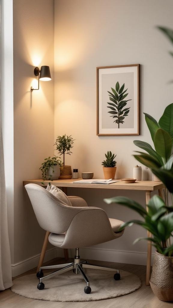 A cozy office corner with soft wall sconce lighting, a comfortable chair, and plants.