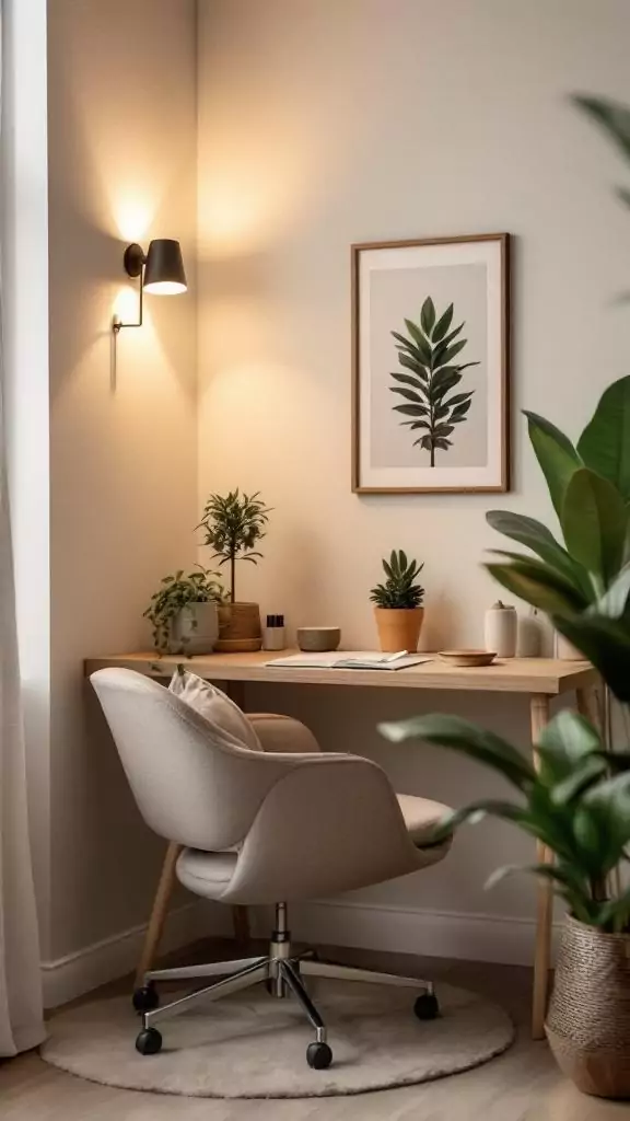 A cozy office corner with soft wall sconce lighting, a comfortable chair, and plants.
